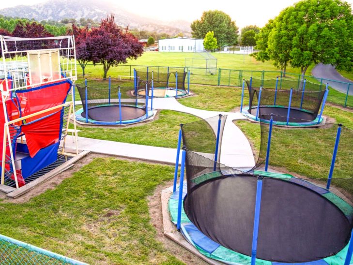 A view of the multiple trampolines at the trampoline center.